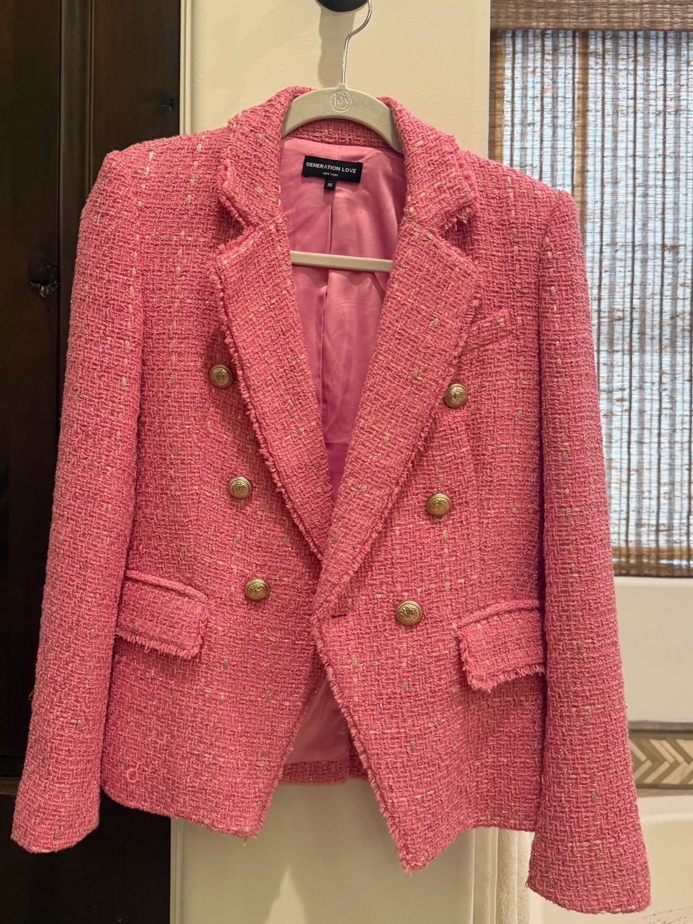 Generation Love Pink Tweed Double-Breasted Blazer.